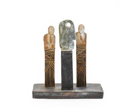 John Maltby (1936-2020): Two Figures Looking at a Sculpture, stoneware, on a rectangular base with impressed potter's mark,20