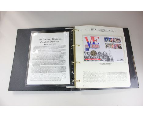 Westminster, The History of World War II, first day covers, stamps and two pound coins in folder, together with a 50th Annive