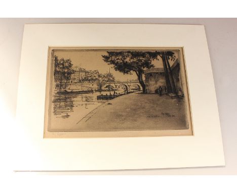 Eugene Bejot (French 1867-1931) view of a bridge on the River Seine, Paris, etching, signed in pencil, unframed, 16cm by 25cm