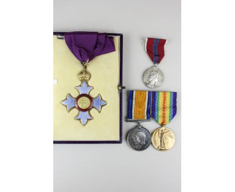 Two First World War medals, the Victory and the War, awarded to Lieut W F Bewley, together with a CBE medal with purple ribbo