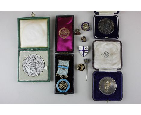 A silver Masonic medal with blue enamel, No 13 Union Waterloo Lodge 1785, a Royal Horticultural Society medallion, a Grenfell