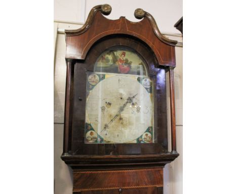 A George III inlaid mahogany longcase clock, the 14 inch painted domed dial depicting a lady in a garden, the spandrels depic