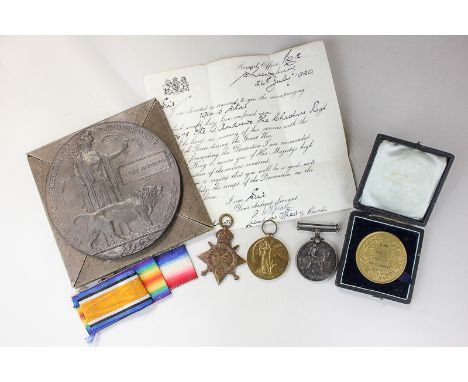 A group of three First World War medals and death plaque, including Victory, War and 1914-15 Star awarded to Cpl Oscar Andrew