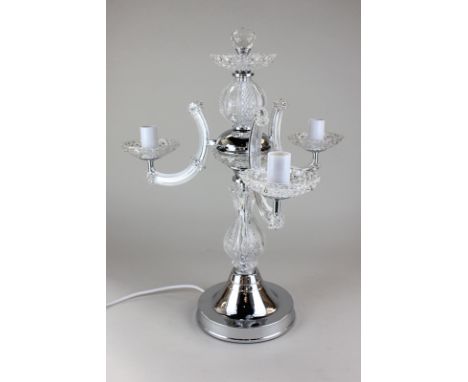 A Harrods nickel plated Rhapsody candelabra light fitting with three sconces, together with three sizes of droplet, unused, w
