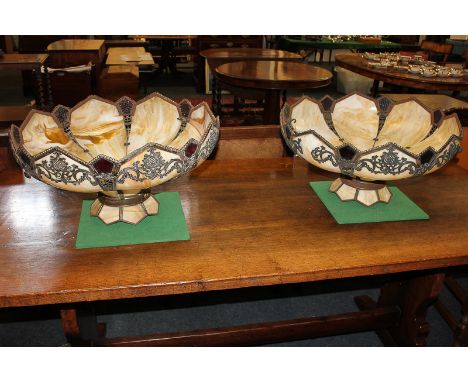 A pair of American slag glass large light shades in creams, with eight panels and filigree overlay, 56cm diameter (af)