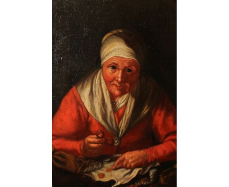 19th century Continental school, portrait of a woman counting coins and jewellery, wearing white head scarf and shawl, oil on