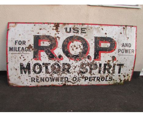 Automobilia / advertising interest. A large weathered original enamel sign ‘R.O.P. Motor Spirit’ in white, black and red, 122