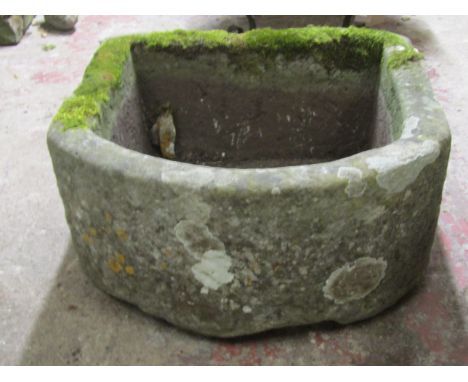 A good weathered natural stone D-end / demi lune garden planter / trough, 30cm high, 58 x 58cm