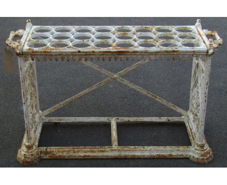 A 19th century cast iron gothic revival umbrella/stick stand with 24 ring divisions and tracery detail, 60cm high x 96cm x 40
