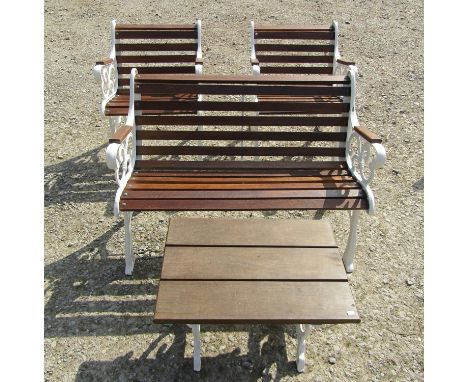 A Refurbished heavy gauge 4 piece garden terrace set with stained hardwood slats and cream painted bound scrolled pattern cas