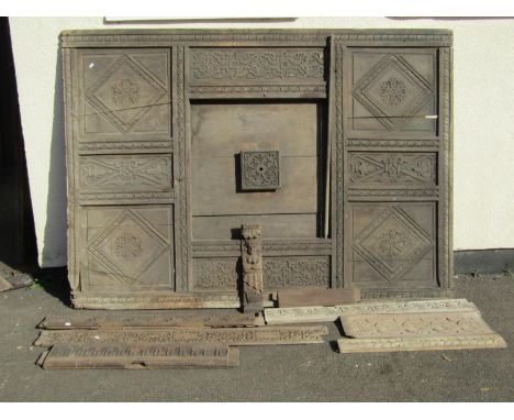 Dry old English oak panelling, lozenge floral repeating design, 144cm x 202cm, together with further moulded carved friezes, 