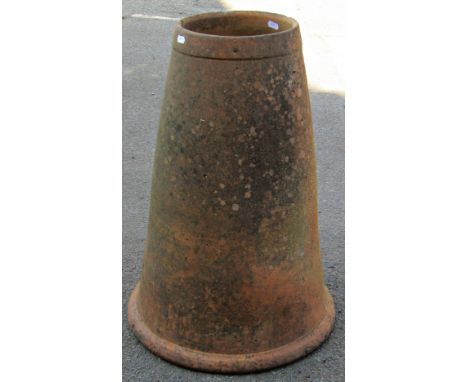 An old weathered terracotta conical shaped rhubarb forcer with moulded collar, 64cm high