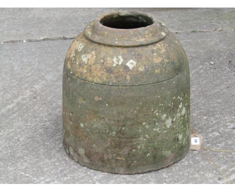 An antique weathered terracotta rhubarb forcer of squat form, 34cm high