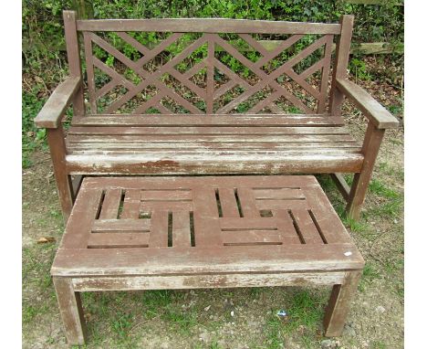A Charles Verey Collection 'Lister Hailsham' stained teak garden bench with slatted seat and open lattice patterned back, 148