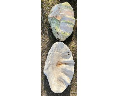 A pair of unusual painted and weathered cast composition stone planters in the form of clam shells, 22cm (full height) 66cm x