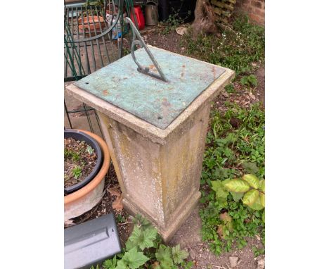 A square cut column supporting a sundial with Verdigris finish, engraved 'Ye Shade Teecheth'