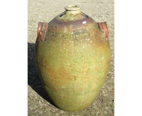 A large and impressive 19th century weathered salt glazed stoneware oviform twin-handled, jar with moulded handles, 63cm high