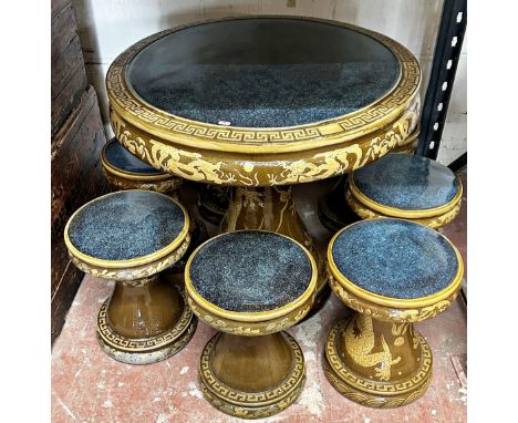 A decorative ceramic patio / courtyard set comprising table and eight associated stools, decorated throughout with dragons in