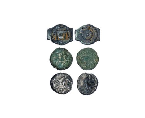 100 BC-25 AD. Group comprising: Iceni silver unit (ANTED or ECEN type); a Cunobelin bronze (portrait/warrior horseman right")