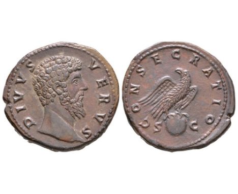 169 AD. Rome mint. Obv: DIVVS VERVS legend with bare head right. Rev: CONSECRATIO legend with eagle on globe; S - C at sides.