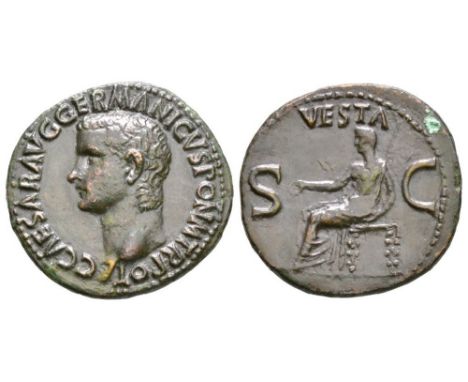 37-38 AD. Obv: C CAESAR AVG GERMANICVS PON M TR POT legend with bare head left. Rev: VESTA legend above, S-C across fields, V