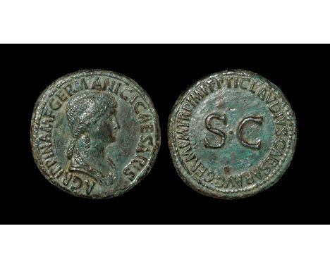 42 AD. Rome mint. Obv: AGRIPPINA M F GERMANICI CAESARIS legend with draped head right. Rev: large S C with TI CLAVDIVS CAESAR