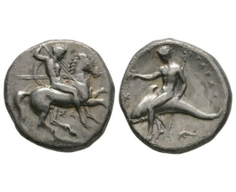 332-302 BC. Obv: naked horseman galloping right, holding shield on left arm, thrusting spear downwards with right hand and ho