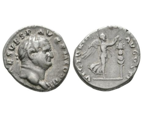 72-73 AD. Rome mint. Obv: IMP CAES VESP AVG P M COS IIII legend with laureate head right. Rev: VICTORIA AVGVSTI legend with V