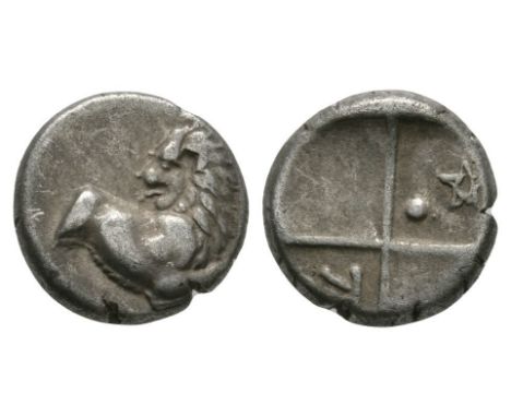 480-350 BC. Obv: forepart of lion right, head turned back. Rev: quadripartite incuse with dot K in one quarter and dot over p