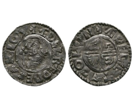 991-997 AD. BMC type IIIa. Obv: profile bust and sceptre with +ÆÐELRÆD REX ANGLOR legend. Rev: short voided cross with C R V 