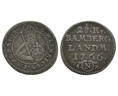 Dated 1766 AD. Obv: half figure with orb and sceptre with S HENRICVS IMPERATOR legend. Rev: with 2½ K / BAMBERG / LANDM in th