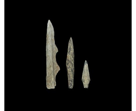 Neolithic, 4th-3rd millennium BC. A mixed group of bone tools comprising: a lozengiform arrowhead; a square-section arrowhead