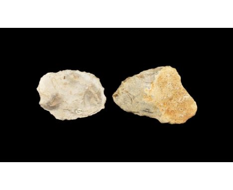 Palaeolithic, circa 400,000 BP. A group of flint bifacial handaxes, comprising: one ovate with grey patination, one pointed a