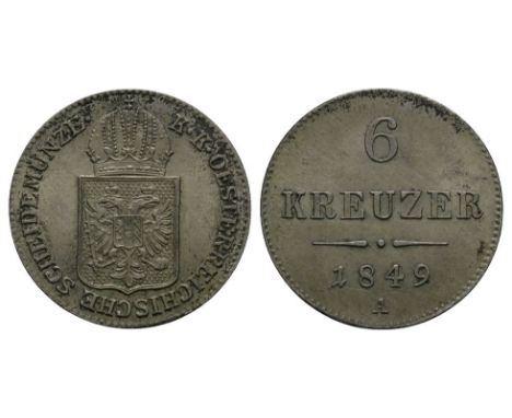 Dated 1849 AD. Obv: crowned arms with K K OESTERREICHISCHE SCHEIDEMUNZE legend. Rev: 6 over KREUZER with date below with 'A' 