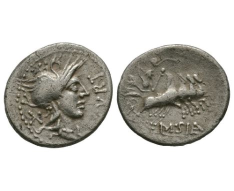 116-115 BC. Rome mint. Obv: head of Roma with Q CVRT before and X behind. Rev: Jupiter in quadriga right with M SILA with LA 
