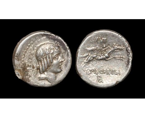 90 BC. Obv: laureate head of Apollo right with number XXXXVI behind. Rev: naked horseman galloping left holding palm branch w