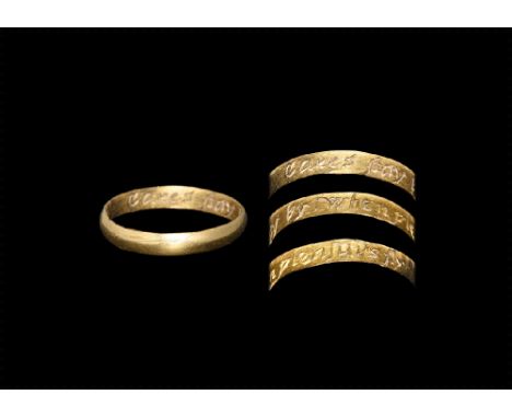 18th century AD. A gold posy ring with plain band; to the inside inscribed with Cares stay by when pleasures fly. 1.30 grams,