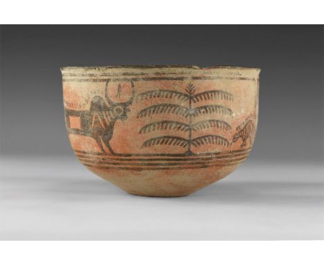 Mehrgarh Culture, 4th-3rd millennium BC. A ceramic bowl with polychrome decoration of bulls, birds and a tree. 404 grams, 15c