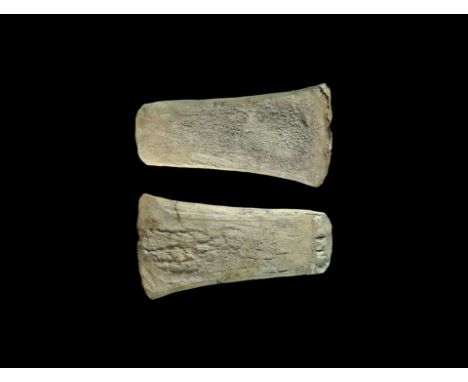 Neolithic, 4th-3rd millennium BC. A carved bone wedge with slightly curved edge, lentoid-section tapering body, ridge to the 