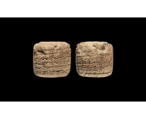 2nd millennium BC. A pillow-shaped ceramic tablet with cuneiform text to both broad faces and one short edge. 75 grams, 51mm 