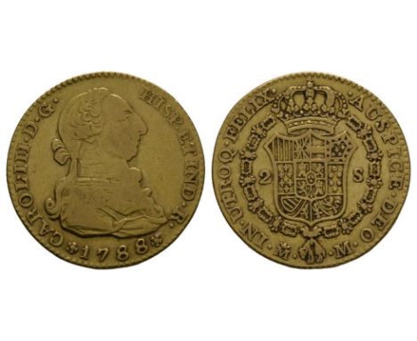 Dated 1788 AD. Madrid mint. Obv: profile bust with date below and CAROL III D G HISP ET IND R legend. Rev: crowned arms in co