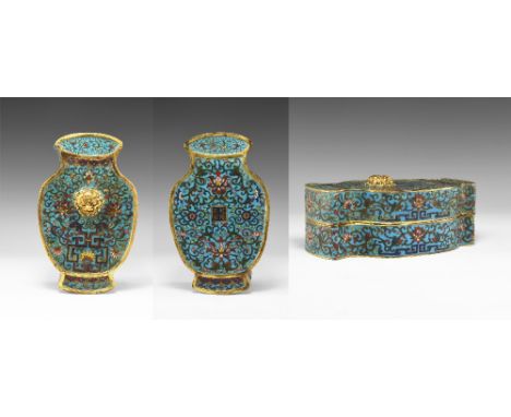 Qianlong Period, 18th century AD. A bronze container in the shape of a vase in profile, with decoration in cloisonné enamel i