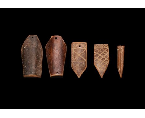 16th-19th century AD. A mixed bone group comprising: two tongue-shaped net needles with incised hatching; one narrow net need