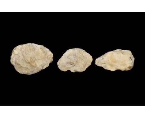 Palaeolithic, circa 400,000 BP. A group of bifacial ovate flint handaxes with grey patination; one with inked 'MORETON 1925' 