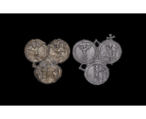 Late 14th-first half of 16th century AD. A pair of lead pilgrim badges, each formed from three disc depicting scenes from Chr