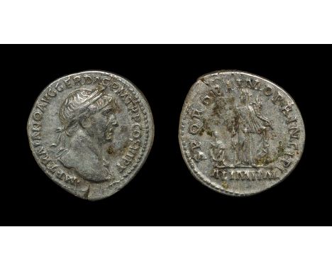 113 AD. Rome mint. Obv: IMP TRAIANO AVG GER DAC P M TR P COS VI P F legend with laureate head right. Rev: S P Q R OPTIMO PRIN