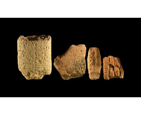 3rd-2nd millennium BC. A group of ceramic fragments with cuneiform inscription. 171 grams total, 31-65mm (1 1/4 - 2 1/2"). Pr