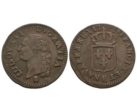 Dated 1783 AD. Obv: profile bust with temple below and LUDOV XVI D GRATIA legend. Rev: crowned arms with FRANCIÆ ET NAVARRÆ R