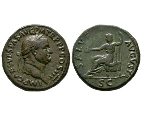 71 AD. Rome mint. Obv: IMP CAES VESPAS AVG P M TR P P P COS III legend with laureate head right. Rev: SALVS AVGVSTA legend wi