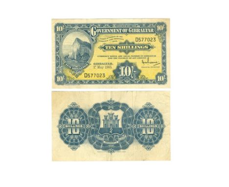 Dated 1 May 1965 AD. Serial number D577023. Obv: Gibraltar, blue on yellow. Rev: geometric design, blue. 0.66 grams, 130x74mm